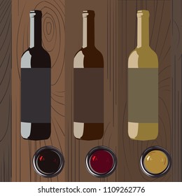 Bottles  wine with label on old board. Glass of wine. Wine bottle mockup. Top view