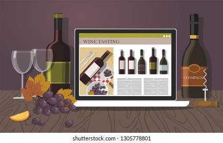 Bottles of wine, notebook,  grape and two glasses. Red wine tasting.  Vector Illustration