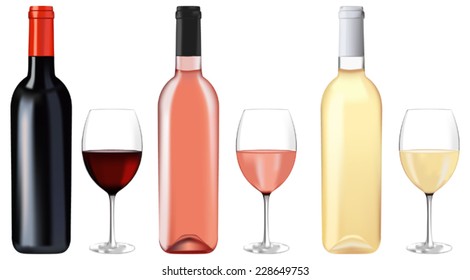 Bottles of wine - red, white and rose - vector drawing isolated