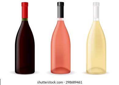 Bottles of wine - red, white and rose - vector drawing isolated