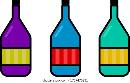Flaschen Wein in einer Reihe im flachen Stil. Vektorbild von Flaschen. Farbige helle Flaschen. Farbige Getränkeflaschen. Bar, Weinbar, Restaurant-Bar.