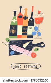 Bottles of wine, salami, grapes and cheese. Vector illustration for the harvest festival and wine festival.