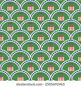 Bottles of wine scallop seamless pattern. Alcohol drinks arch repeat background. Beverage retro endless design. Vector hand drawn flat illustration.