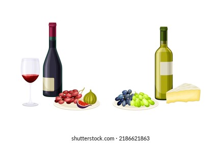 Botellas de vino servidas con aperitivos, queso, higos y uvas ilustraciones vectoriales