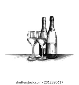Bottles of wine and two wine glasses, simple contour sketch, silhouette on white background, doodle minimalistic style