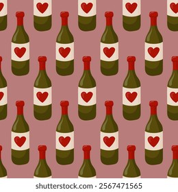 Bottles with wine vector seamless pattern in cartoon style. Valentine's Day, love background. Bright design for gift boxes, wrapping paper, postcards, websites, fabrics.