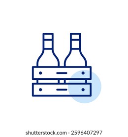 Bottles of wine or vinegar in wooden box. Farmer market, eco production. Pixel perfect, editable stroke vector icon