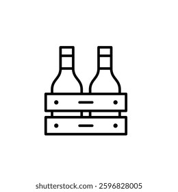 Bottles of wine or vinegar in wooden box. Farmer market, eco production. Pixel perfect, editable stroke vector icon