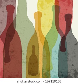 Bottles of wine, whiskey, tequila, vodka. Watercolor silhouettes.