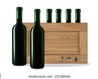 Bottles Of Wine  And Wooden Box On White Background. Vector Illustration