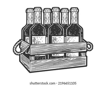 bottles of wine in a wooden box sketch engraving vector illustration. Scratch board imitation. Black and white hand drawn image.