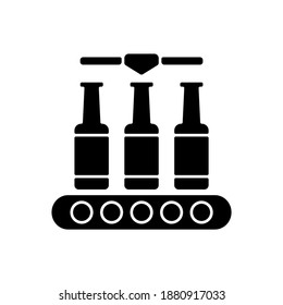 Bottling black glyph icon. Industrial alcohol production. Packing beverage on conveyor belt. Automated process of packaging beer. Silhouette symbol on white space. Vector isolated illustration