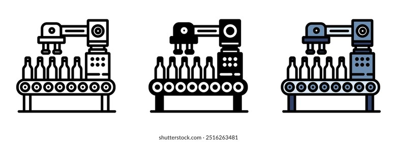 Ícone de máquina de engarrafamento, um dispositivo usado para encher, selar e rotular garrafas, comumente usado na produção de bebidas, cosméticos ou condimentos.