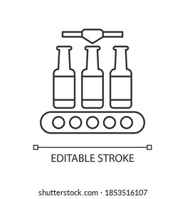 Bottling pixel perfect linear icon. Alcohol production. Packing beverage on conveyor belt. Thin line customizable illustration. Contour symbol. Vector isolated outline drawing. Editable stroke