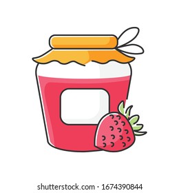 Bottling RGB color icon. Homemade fruit jam preparation, delicious confiture making process. Canning. Sweet strawberry marmalade jar isolated vector illustration