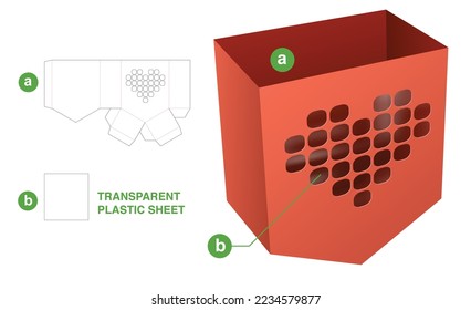 Bottom angle container with heart window die cut template and 3D mockup