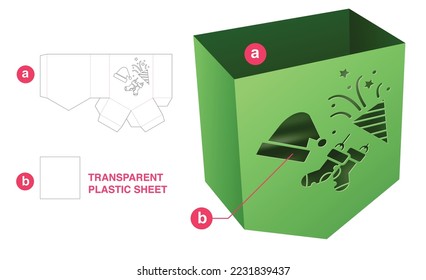 Bottom angle container with stenciled Christmas festival die cut template and 3D mockup
