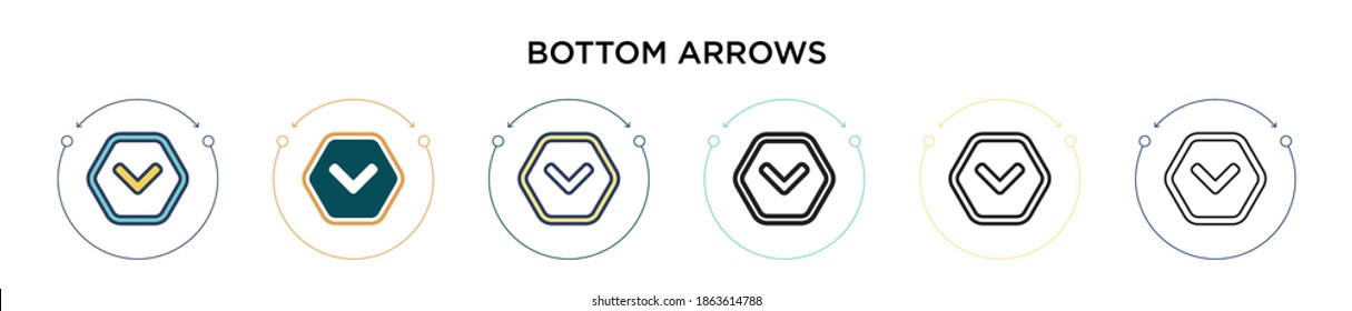 Bottom arrows icon in filled, thin line, outline and stroke style. Vector illustration of two colored and black bottom arrows vector icons designs can be used for mobile, ui, web