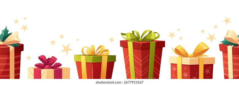 Frontera inferior con regalos de Navidad. Marco inconsútil para el diseño festivo, cajas de la historieta con los arcos