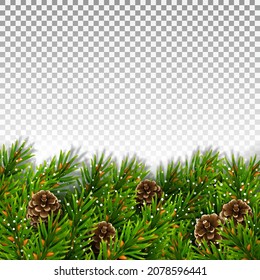 Bottom border of evergreen spruce branches, pine cones and snowflakes. For Christmas decorations and greeting card designs. Isolated on a transparent background. Realistic vector illustration.