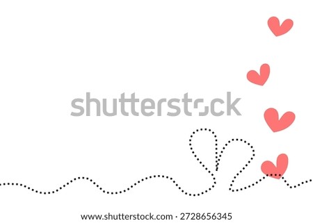 Bottom border with looping dashed line and hearts. Playful love trail background for text. Whimsical heart path greeting card template
