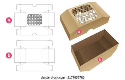 Bottom chamfered tray and top chamfered lid which has stenciled Arabic pattern die cut template and 3D mockup