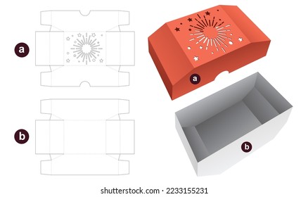 Unterkastenfach und oberer Kastendeckel mit schablonenförmiger Feuerwerkskörper-Schneidvorlage und 3D-Mockup