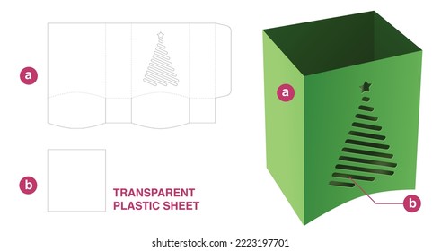 bottom curved box and Christmas tree window with transparent plastic sheet die cut template