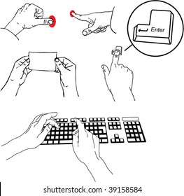 Bottom finger pushing sketch vector set.