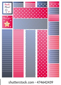 Bottom large washi tape,printable washi for planner,agenda,bullet journal with polka dots and chevron patterns.Siders and weekly habit tracker,Vector clipart.Clipart