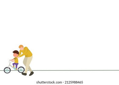 bottom left object illustration of father teaching boys bicycle, fathers and son, father;s day, one line vector illustration, simple style for presentation