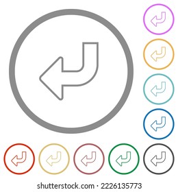 Bottom left side turn arrow solid flat color icons in round outlines on white background