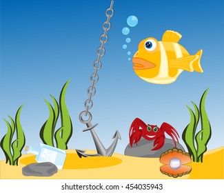 The Bottom of the ocean with sea inhabitant.Vector illustration