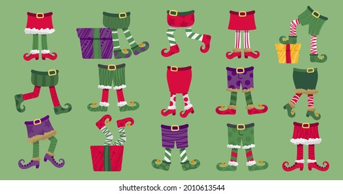 Bottom off elf party costume. Сhristmas elves boots with upturned toes, striped stocking and gift boxes. Leprechaun legs cartoon vector set