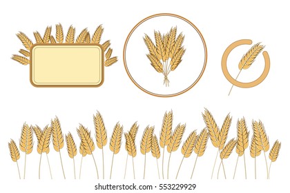 Bottom page wheat field, wheat frame and icon. design elements. Vector. Isolated illustration.