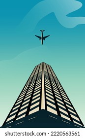 Bottom perspective building during day time and clouds, airplane flying through top of the building view vector illustration 