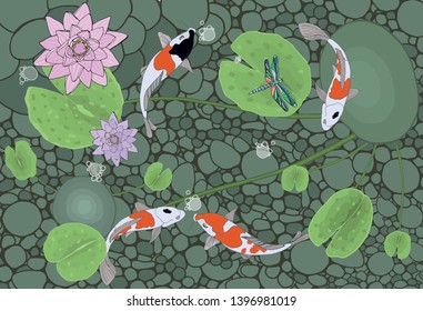 The bottom of the pond lined with pebbles, stones. Pond with carp koi and lotus flowers. Top view.  Lake with fish and plants. Hand drawn vector illustration.