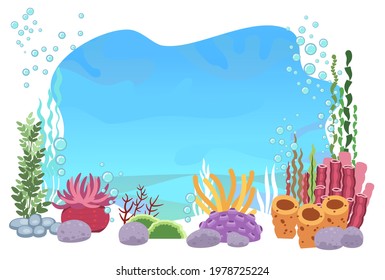 The bottom of the reservoir with fish. Blue water. Sea ocean. Underwater landscape with animals, plants, algae and corals. Illustration in cartoon style. Isolated. Flat design. Vector art