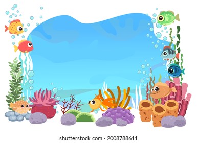 The bottom of the reservoir with fish. Blue water. Sea ocean. Underwater landscape with animals, plants, algae and corals. Illustration in cartoon style. Isolated. Flat design. Vector art