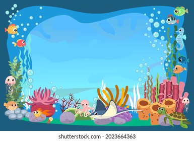The bottom of the reservoir with fish. Blue water. Sea ocean. Underwater landscape with animals, plants, algae and corals. Illustration in cartoon style. Flat design. Vector art