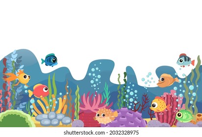 Der Boden des Reservoirs mit Fisch. Blaues Wasser. Meer Ozean. Unterwasserlandschaft mit Tieren, Pflanzen, Algen und Korallen. Illustration im Cartoon-Stil. Einzeln. Flaches Design. Vektorkunst.