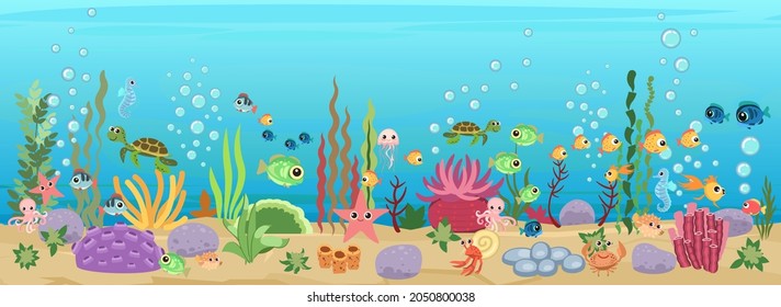 Bottom of reservoir with fish. Blue water. Sea ocean. Uorizontal. Underwater landscape with animals. plants, algae and corals. Illustration in cartoon style. Flat design. Vector art.