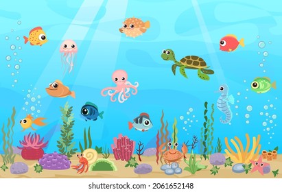 Bottom of reservoir with fish. Blue water. Sea ocean. Underwater landscape with animals. plants, algae and corals. Cartoon style illusteration. Vector art.