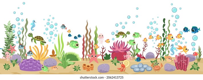 Bottom of reservoir with fish. Blue water. Isolated. Sea ocean. Underwater landscape with animals. plants, algae and corals. Cartoon style illusteration. Vector art.