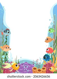 The bottom of reservoir with fish. Blue water. Sea ocean. Underwater landscape with animals, plants, algae and corals. Frame. Illustration in cartoon style. Isolated. Flat design. Vector art.