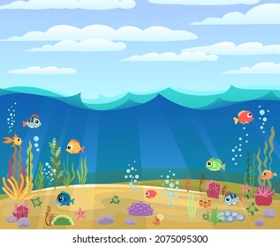 Bottom of reservoir with fish. Blue water and sky. Sea ocean. Underwater landscape with animals. plants, algae and corals. Cartoon style illusteration. Vector art.