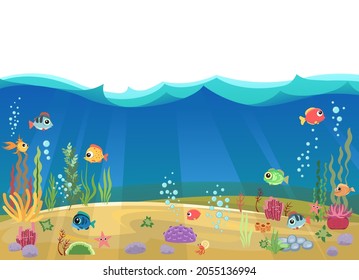 Bottom of reservoir with fish. Isolated. Blue water. Sea ocean. Underwater landscape with animals. plants, algae and corals. Cartoon style illusteration. Vector art.