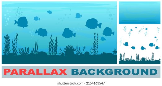 Bottom of reservoir with fish. Set parallax effect. Silhouette. Blue water. Sea ocean. Underwater landscape with animals, plants, algae and corals. Illustration in cartoon style. Flat design. Vector.
