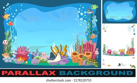 Bottom of reservoir with fish. Set parallax effect. Blue water. Sea ocean. Underwater landscape with animals, plants, algae and corals. Illustration in cartoon style. Flat design. Vector art