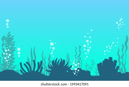 Bottom of reservoir with fish. Silhouette. Blue water. Sea ocean. Underwater landscape with plants, algae and corals. Illustration in cartoon style. Flat design. Vector art